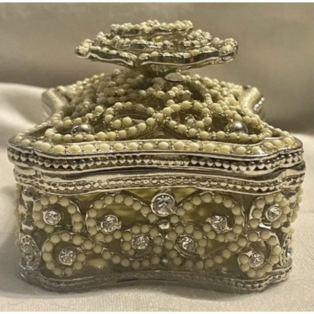 Vintage Silver Tone Beaded Trinket Box